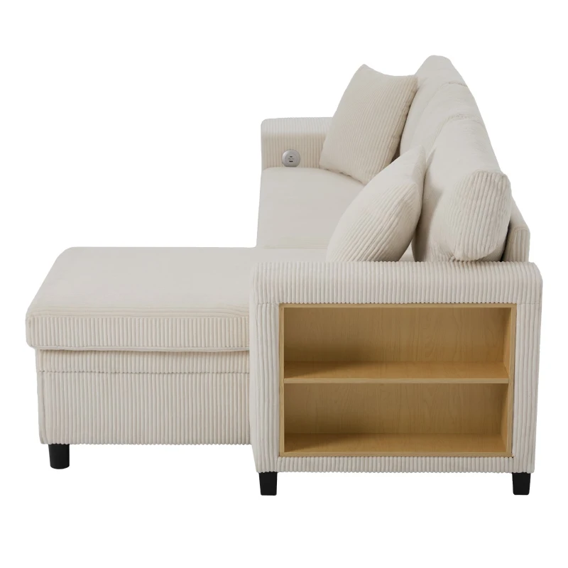 Canapé-lit pliant avec fonction couchage, port de charge USB, tablettes latérales et rangement, 231x131,5x84 cm, Beige