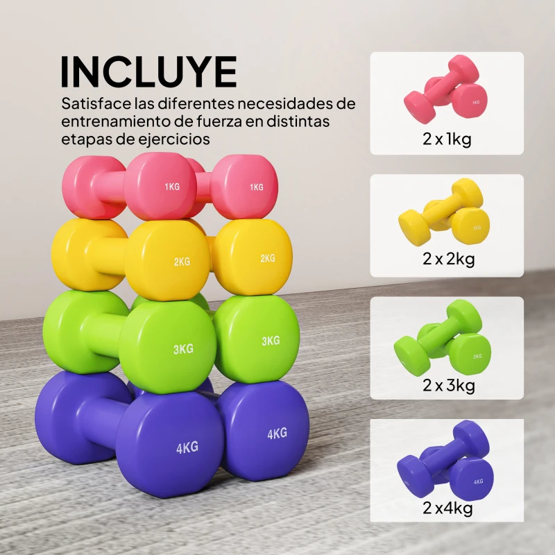 HOMCOM Juego de 8 Mancuernas Hexagonales 20 KG de 4 Pares 4 kg 3 kg 2 kg 1 kg Mancuernas de Neopreno con Revestimiento Antideslizantes Pesas para Gimnasio en Casa Ejercicio Entrenamiento Multicolor