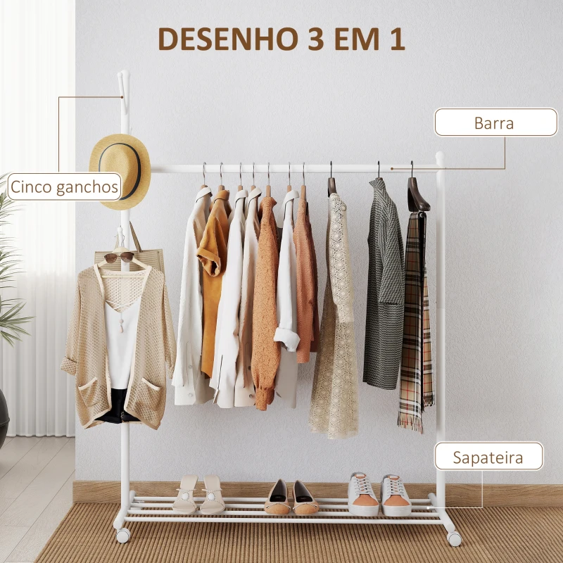 HOMCOM Charriot com Rodas 5 Ganchos Barra para Pendurar e Prateleira Inferior 120x43x171 cm Branco