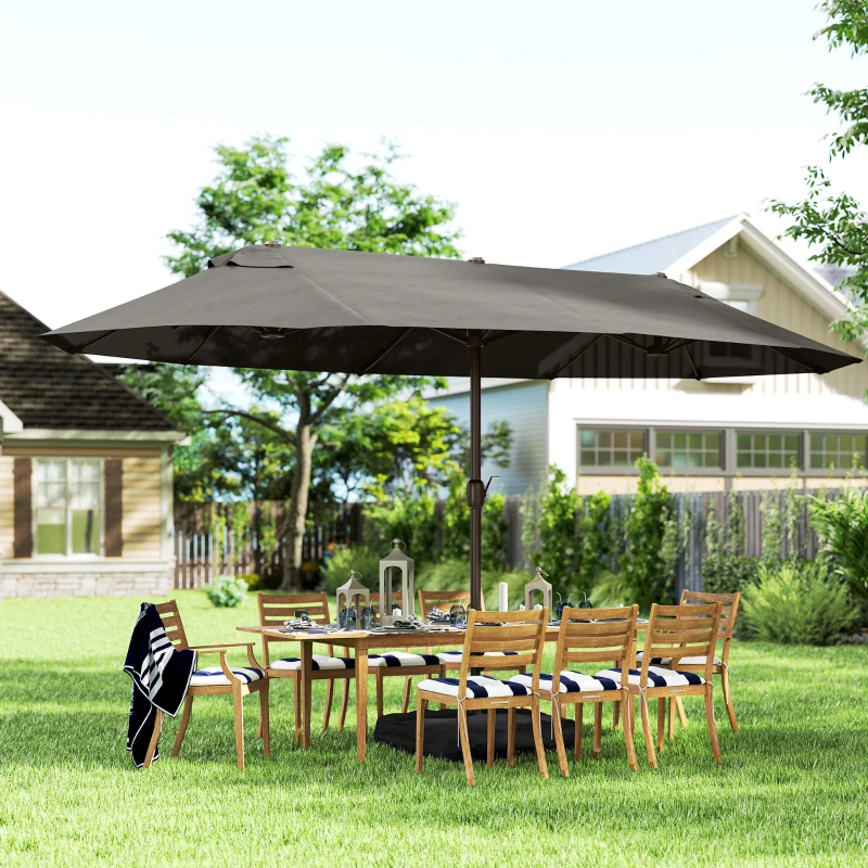 Outsunny Parasol de jardin exterieur parasol double rectangulaire 4,6L x 2,7l x 2,4H m avec ouverture fermeture manivelle, sacs de lestage et base inclus, pour balcon, piscine, gris