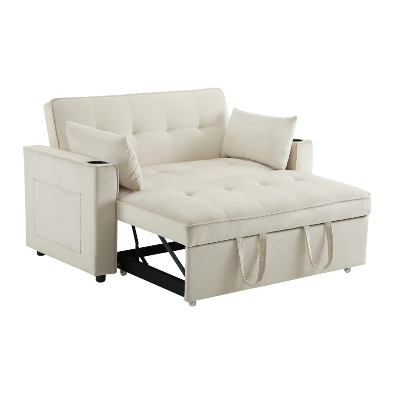 Canapé-lit pliant, canapé multifonction avec fonction couchage, avec porte-gobelet et coussin, 137x76,5x83 cm, Beige