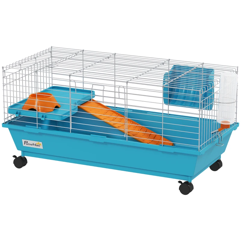 PawHut Cage pour Petits Animaux avec Roulettes Bouteille Gamelle Distributeur de Foin pour Lapins et Cochons d'Inde 89x44x43 cm Bleu