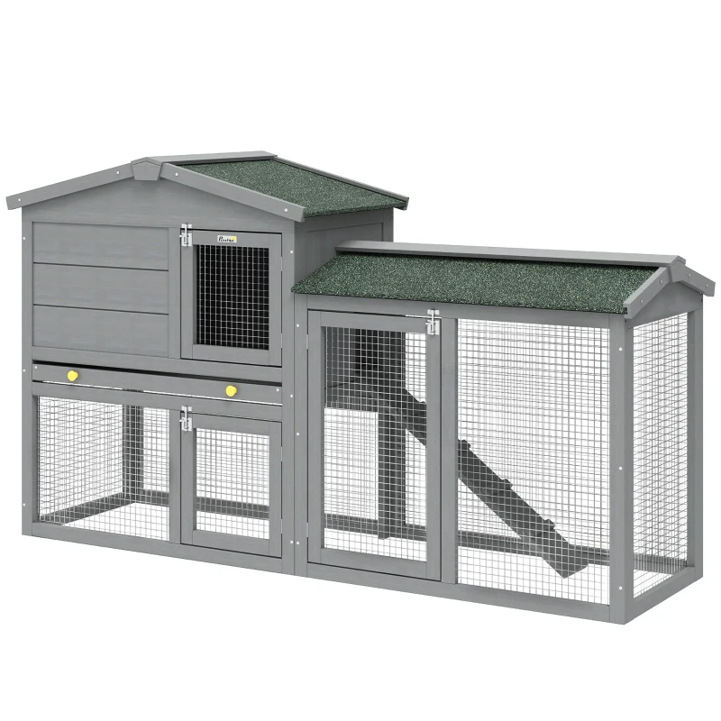 PawHut Conigliera in Legno a 2 Livelli con Tetto in Asfalto Vassoio Estraibile e Scala per Esterni 150x45x85 cm Grigio