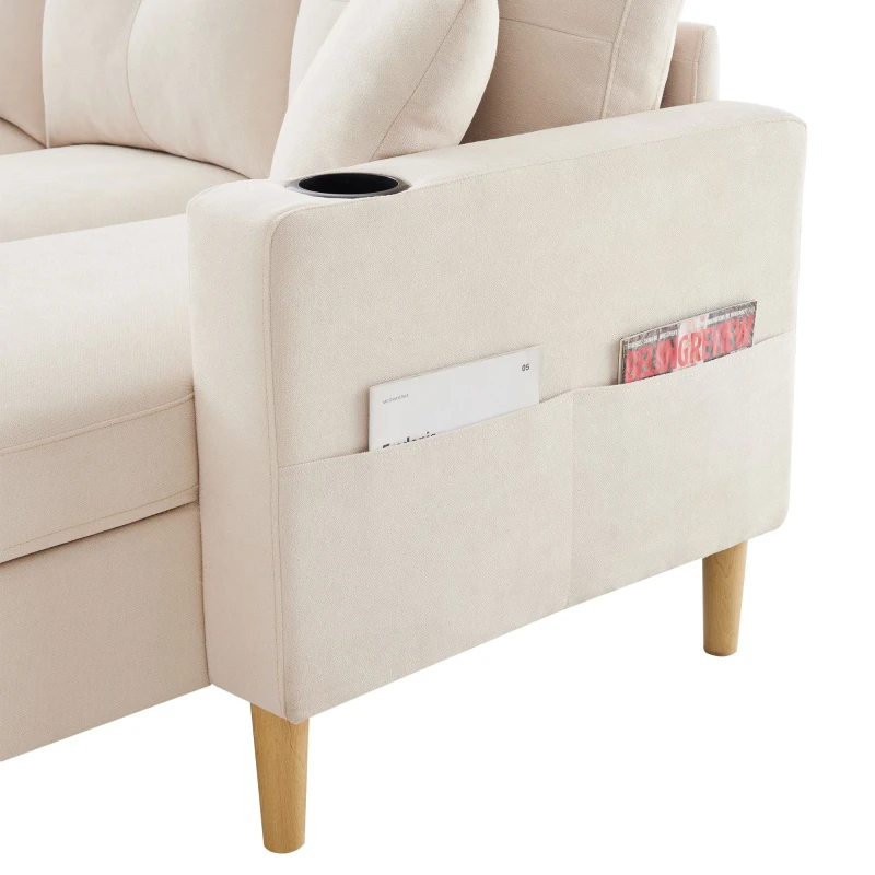 Canapé d'angle moderne en L, 3 places avec méridienne et rangement, porte-gobelet intégré, 175x129x90 cm, Beige