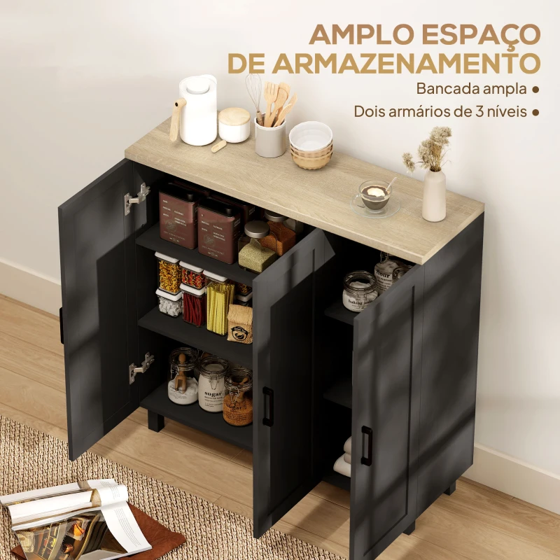 HOMCOM Aparador para Sala de Estar Móvel Buffet com 3 Portas e Prateleiras Ajustáveis 90x30x90 cm Preto e Madeira