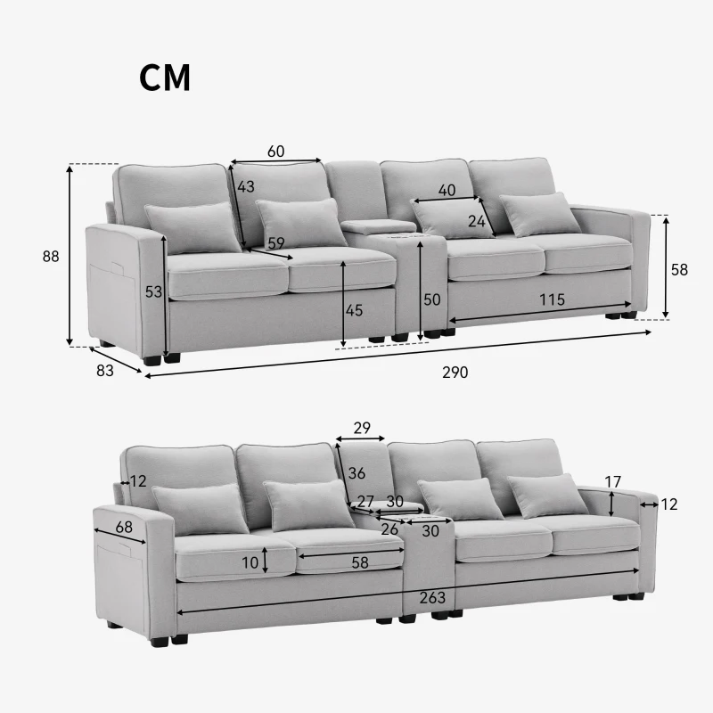 Canapé 4 places moderne en tissu de lin, avec console, 2 porte-gobelets, 2 ports USB, 290x83x88 cm, Gris