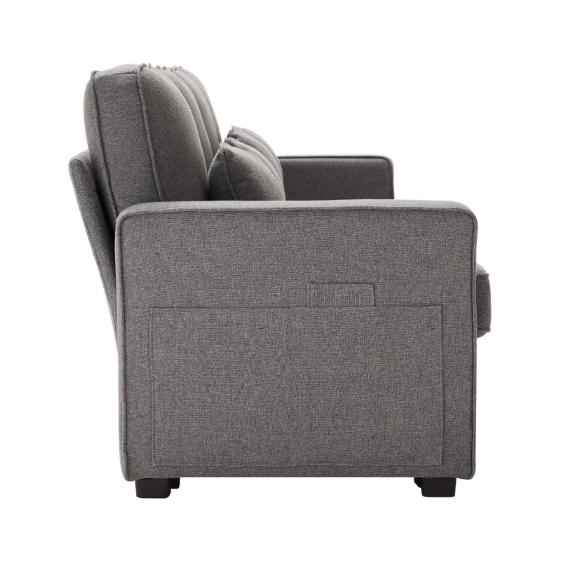 Canapé 4 places moderne en tissu de lin, avec console, 2 porte-gobelets, 2 ports USB, 290x83x88 cm, Gris foncé