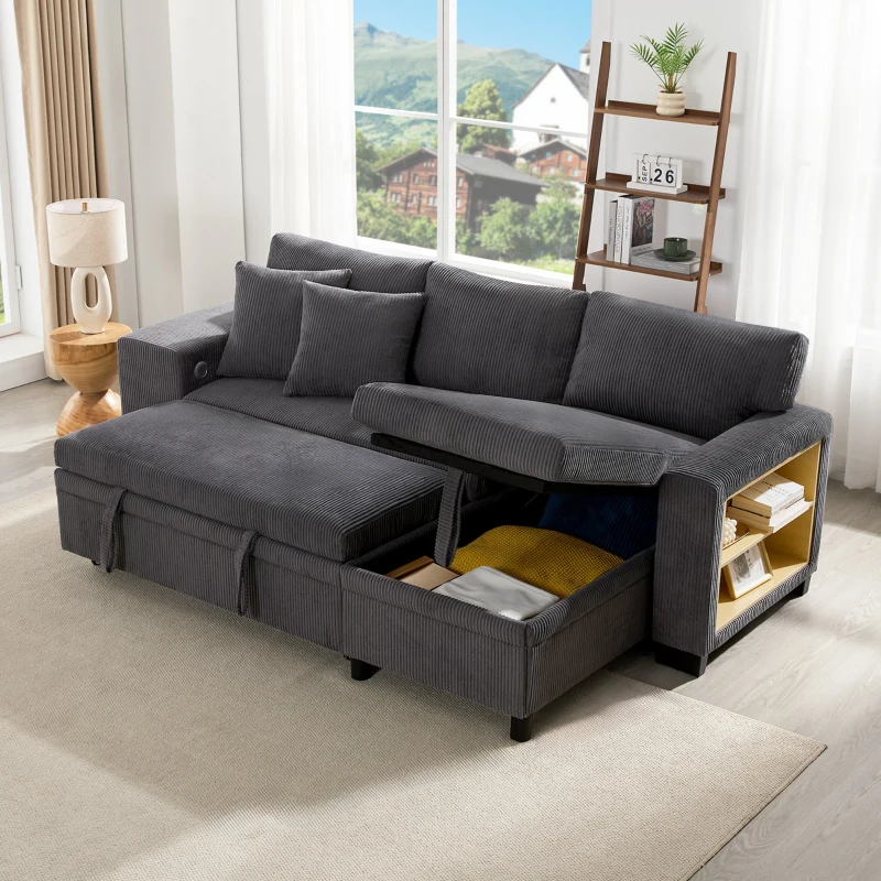 Canapé-lit pliant avec fonction couchage, port de charge USB, tablettes latérales et rangement, 231x131,5x84 cm, Gris