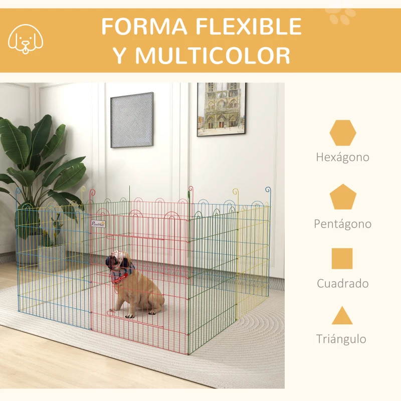 PawHut Parque Plegable para Perros de 8 Paneles Ø156x60 cm Valla Metálica con Puerta Estacas Interior Exterior Multicolor