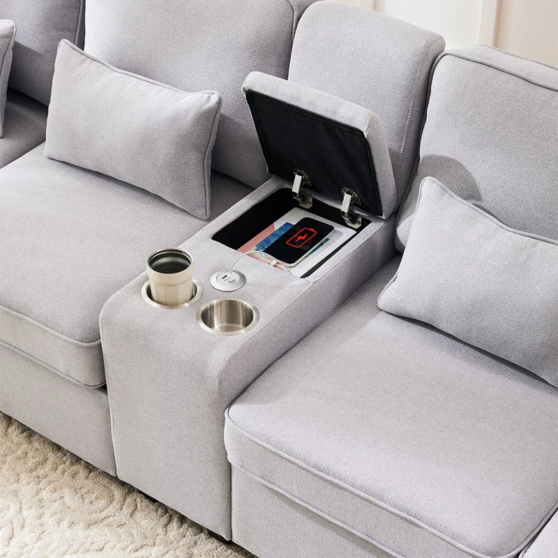Canapé 4 places moderne en tissu de lin, avec console, 2 porte-gobelets, 2 ports USB, 290x83x88 cm, Gris