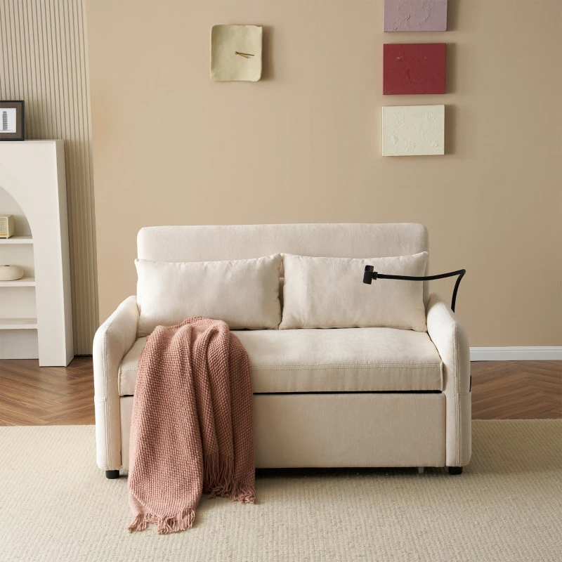 Canapé-lit double pliant moderne, avec dossier réglable, support pour smartphone et port USB de recharge, 129x76x81 cm, Beige