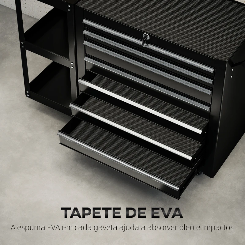 HOMCOM Carrinho de Ferramentas com 7 Gavetas Estante de 3 Níveis Removível Sistema de Fecho Central Asa 2 Rodas com Travão Preto