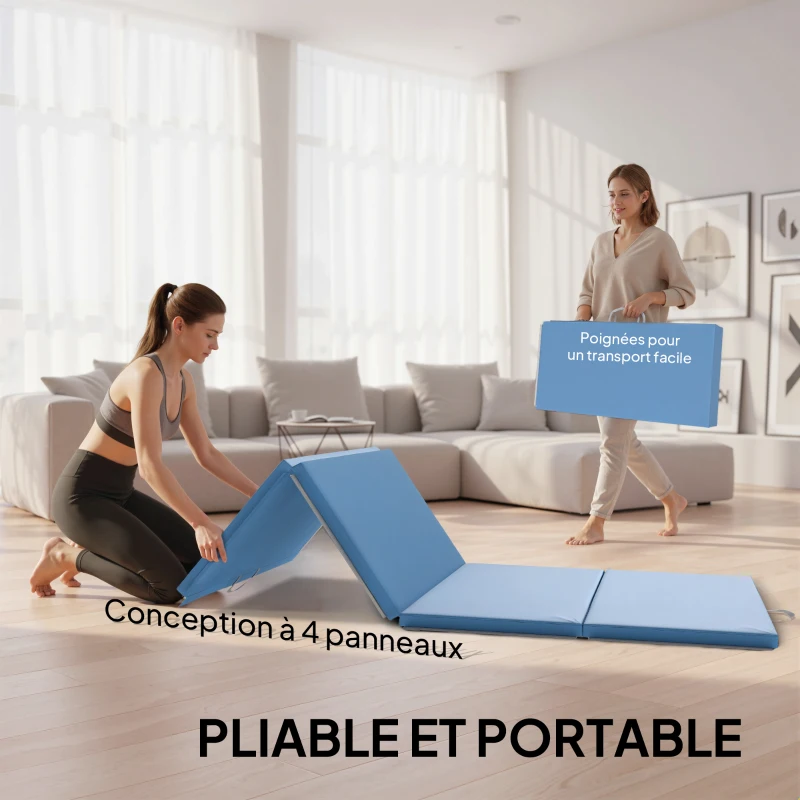 HOMCOM Tapis de gymnastique yoga pilates fitness pliable en 4 avec poignées revêtement synthétique 240 x 120 x 5 cm bleu clair
