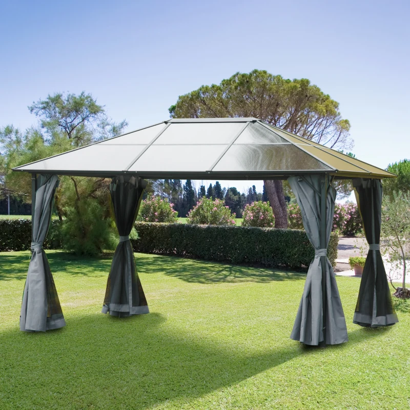 Outsunny Tonnelle pavillon de jardin avec toit rigide polycarbonate imperméable 4 parois latérales anti-UV moustiquaires 4 x 3 m gris foncé et noir