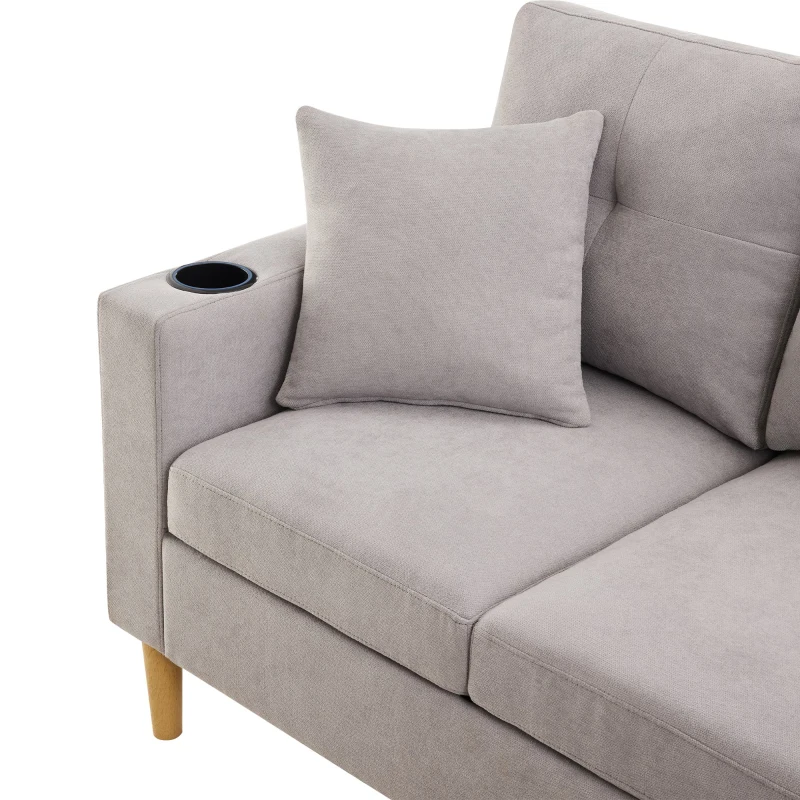 Canapé d'angle moderne en L, 3 places avec méridienne et rangement, porte-gobelet intégré, 175x129x90 cm, Gris clair