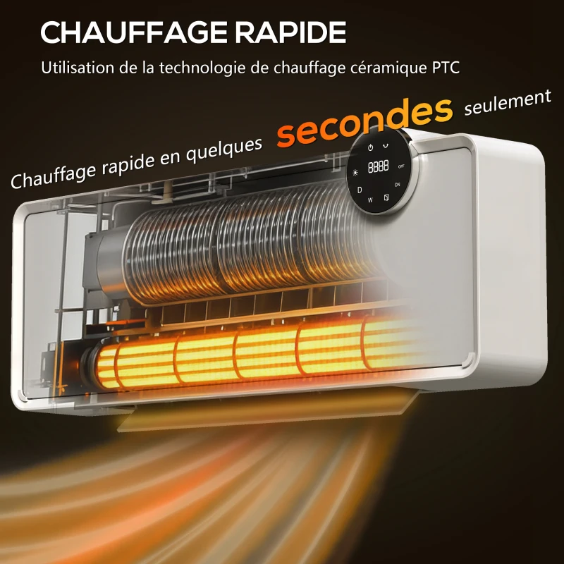 HOMCOM Chauffage mural en céramique 1000/2000W, radiateur électrique, ventilateur, thermostat, minuterie, 54x18,7x12,3cm, blanc