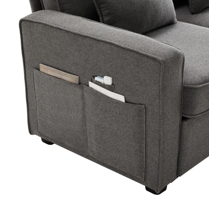 Canapé 4 places moderne en tissu de lin, avec console, 2 porte-gobelets, 2 ports USB, 290x83x88 cm, Gris foncé