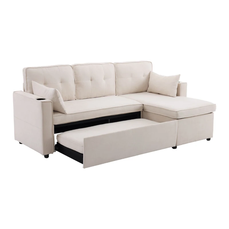 Canapé-lit avec fonction de couchage, canapé en L avec rangement et porte-gobelets, 211x130x86 cm, Beige