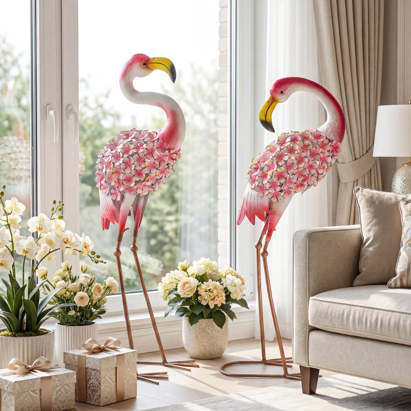 Outsunny Set de 2 estatuas de jardín flamenco, pájaros metálicos con plumas florales, esculturas de pie con anclajes de suelo, rojo