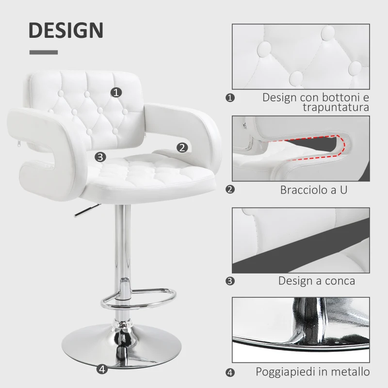 HOMCOM Sgabello Alto Moderno da Bar con Schienale e Braccioli, Regolabile e Girevole, per Cucina o Pub, 64x50x94-114cm, Bianca | Aosom Italy