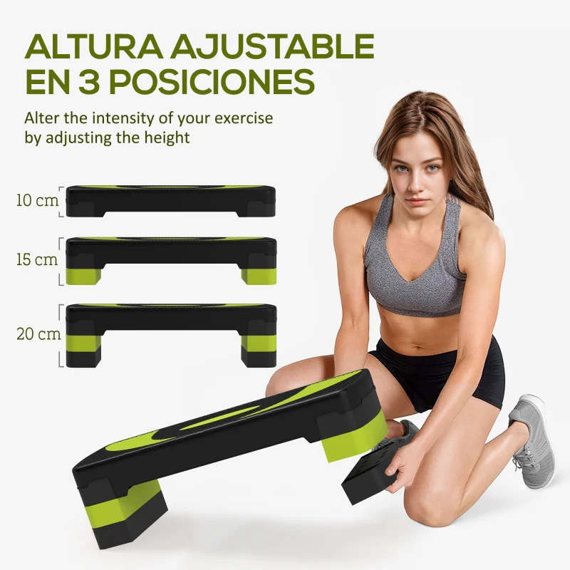 HOMCOM Step de Aeróbic para Fitness Antideslizante con Altura Regulable 3 Niveles 10/15/20 cm Carga 150 kg 80x31x20 cm Verde