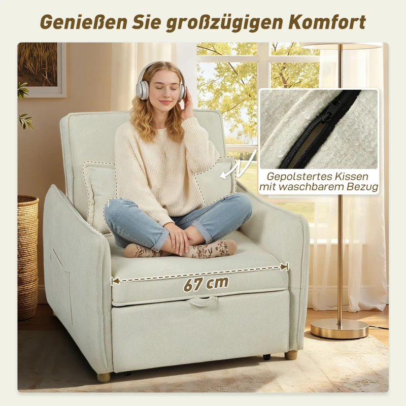 HOMCOM Schlafsessel 3 in 1 Umwandelbarer Sessel mit Bettfunktion, Lendenkissen, für Wohnzimmer Creme