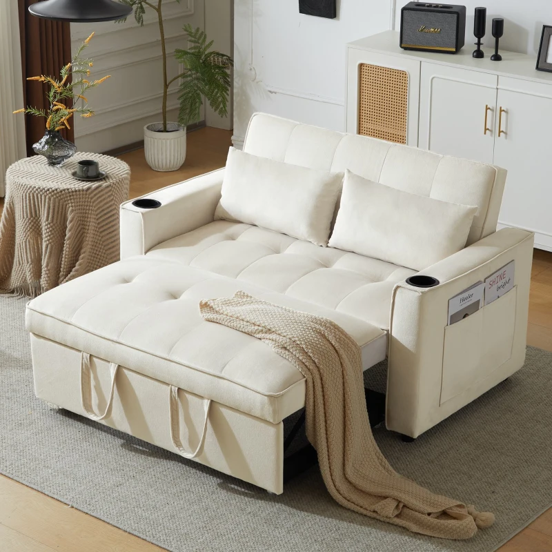 Canapé-lit pliant, canapé multifonction avec fonction couchage, avec porte-gobelet et coussin, 137x76,5x83 cm, Beige