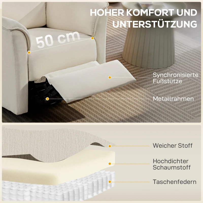 HOMCOM Elektrische relaxfauteuil met ligfunctie, verstelbare rugleuning en hoofdsteun voor woonkamer, crèmewit