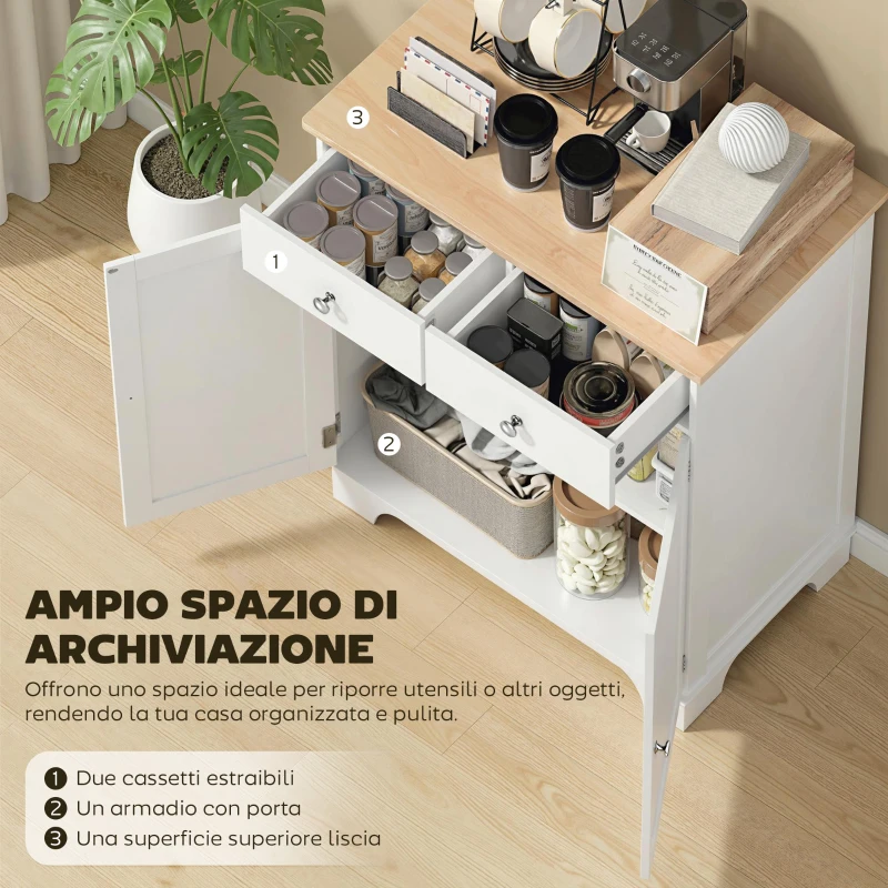 HOMCOM Credenza Bassa con Armadietto 2 Ante, Ripiani Regolabili e 2 Cassetti, Bianco e Legno