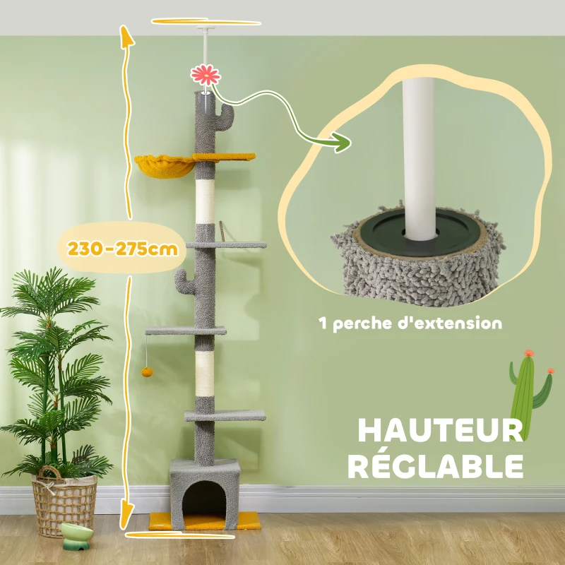 PawHut Arbre à chat, hauteur 275 cm, 6 niveaux pour chat d'intérieur, du sol au plafond, avec plate-formes, niche, gris clair