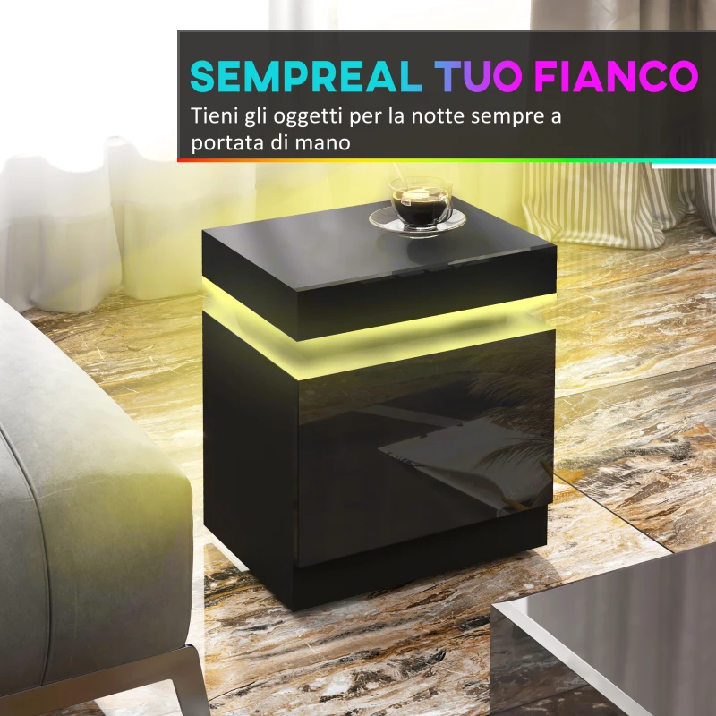 HOMCOM Comodino LED a 16 Colori e 4 Modalità con 2 Cassetti, in Legno, 45x35x52 cm, Nero