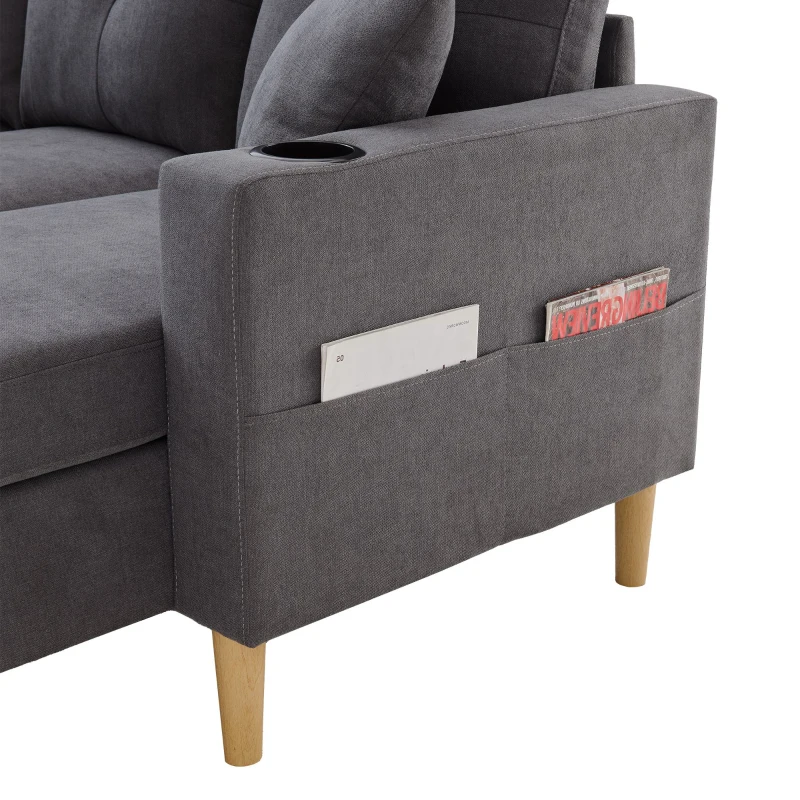 Canapé d'angle moderne en L, 3 places avec méridienne et rangement, porte-gobelet intégré, 175x129x90 cm, Gris foncé