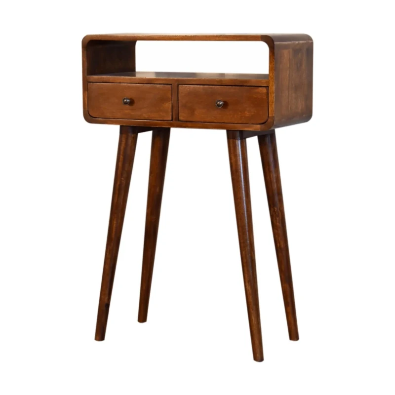Solid Mango Wood Mini Console Table with 2 Drawers and Open Slot, Desk with Deep‑Penetrating Stain Finish, 30L x 60W x 90H cm, Brown