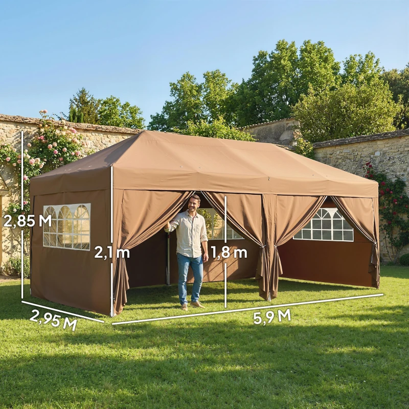 Outsunny Tonnelle de jardin exterieur tonnelle pliante 3 x 6 m avec 6 parois latérales, sac de transport inclus, café