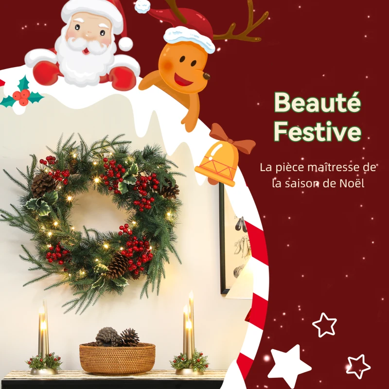 HOMCOM Couronne de Noël lumineuse 60 cm avec 35 LED, minuterie, 170 pointes, pommes de pin, baies, feuilles de houx, vert