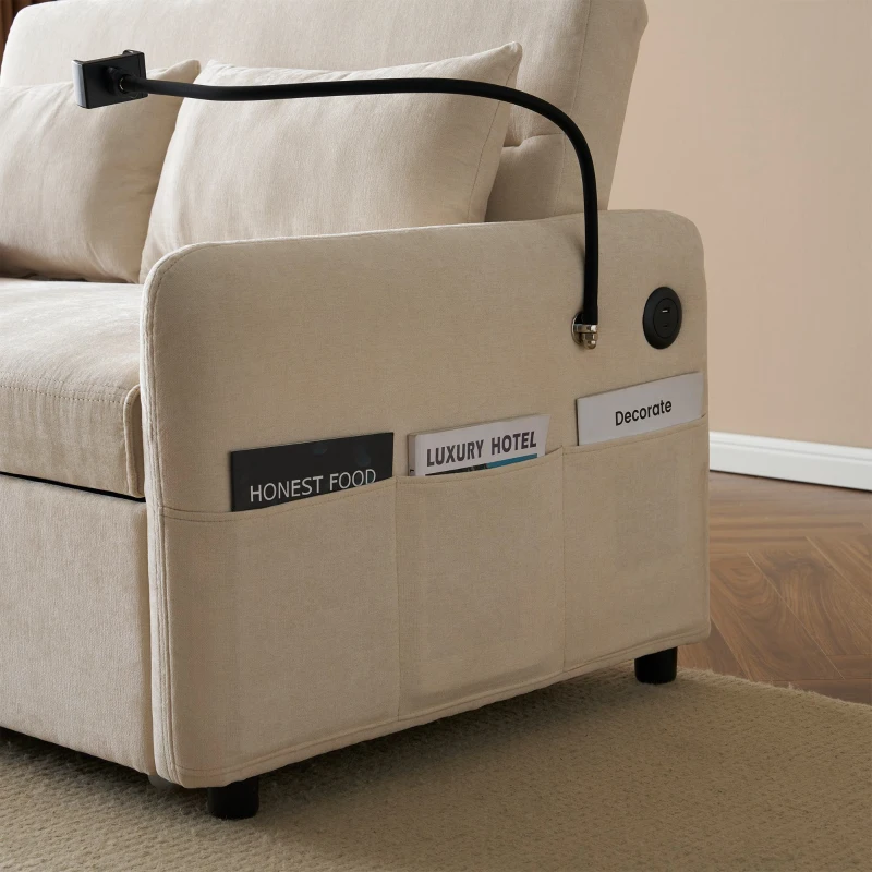 Canapé-lit double pliant moderne, avec dossier réglable, support pour smartphone et port USB de recharge, 129x76x81 cm, Beige