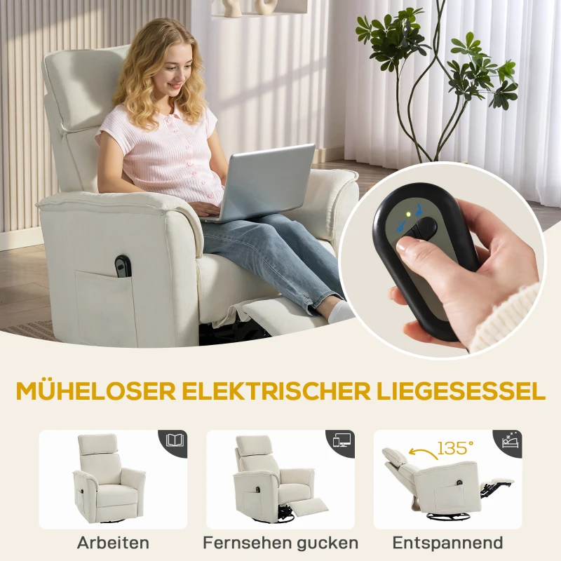 HOMCOM Elektrische relaxfauteuil met ligfunctie, verstelbare rugleuning en hoofdsteun voor woonkamer, crèmewit