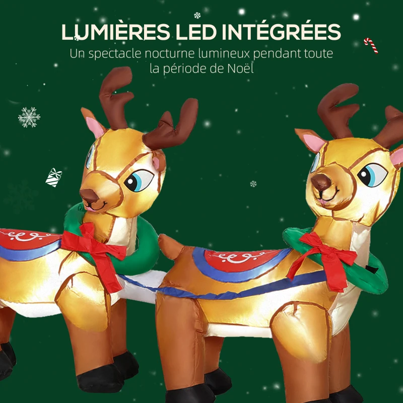 Outsunny Père Noël gonflable avec traîneau et rennes 240 cm 6 lumières LED décoration de Noël intérieure et extérieure rouge