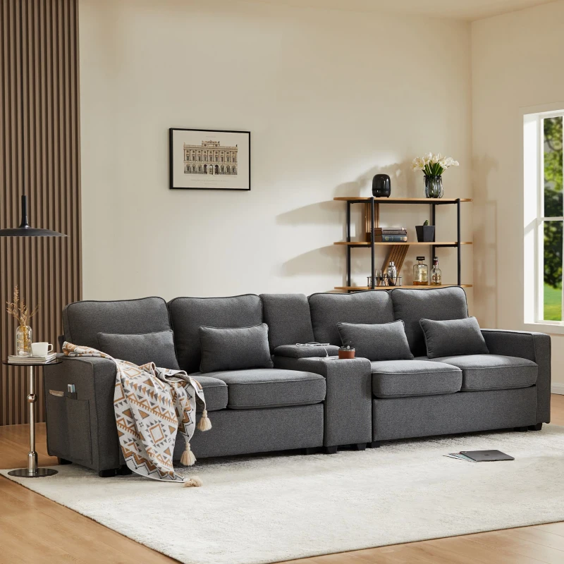 Canapé 4 places moderne en tissu de lin, avec console, 2 porte-gobelets, 2 ports USB, 290x83x88 cm, Gris foncé