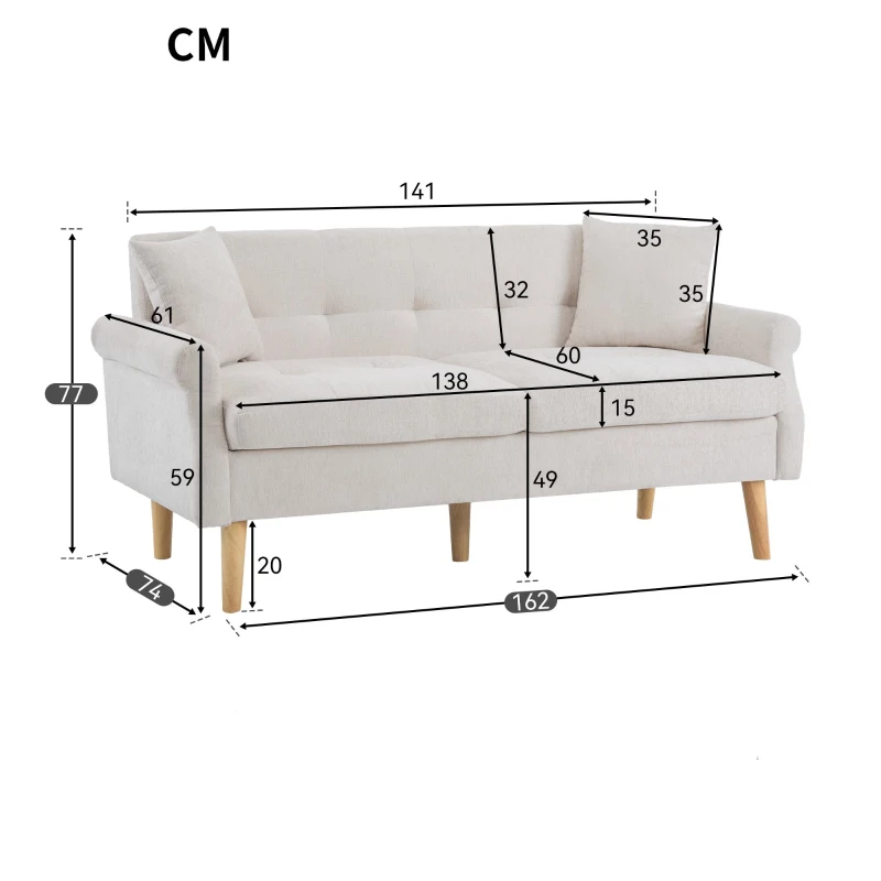 Canapé 2 places moderne en tissu chenille avec coussins épais, pieds robustes en bois massif, 162x74x77 cm, Beige