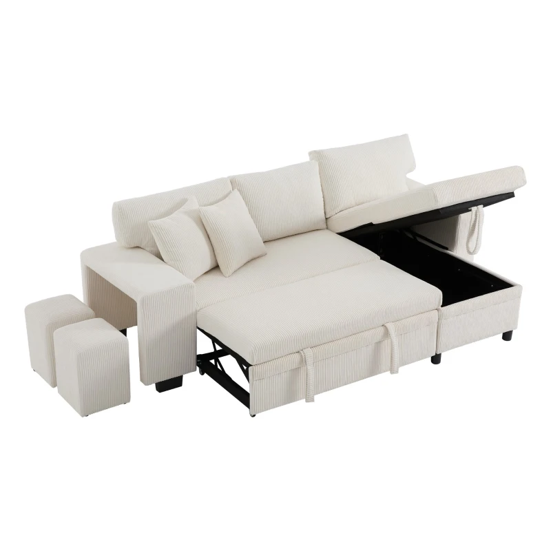 Canapé-lit pliant avec fonction couchage, port de charge USB, tablettes latérales et rangement, 231x131,5x84 cm, Beige