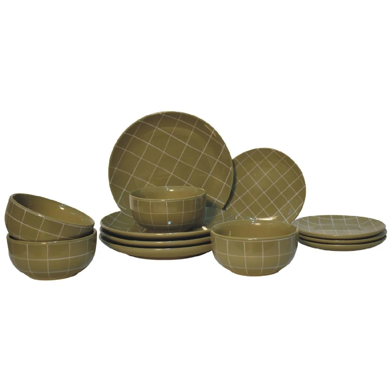 Dahlia 12-Piece Dinner Set for 4 with Smooth Timeless Finish, Ceramic Serveware Ideal for Everyday Use, 25.5L x 25.5W x 3H cm, Olive Green
