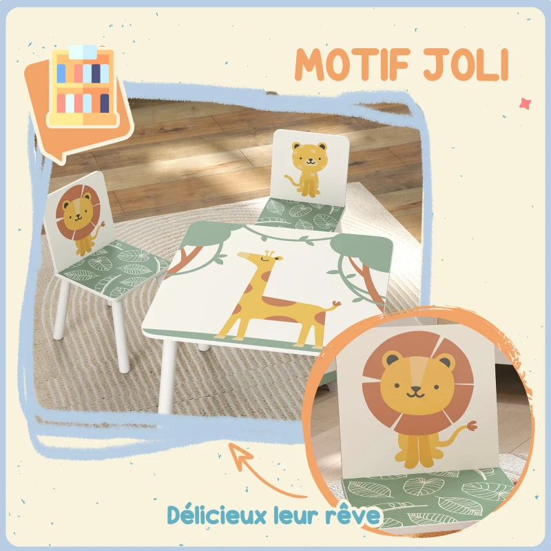 AIYAPLAY Table enfant avec chaise, ensemble table et 2 chaises enfant en bois, motifs animaux, 60 x 60 x 44 cm, vert