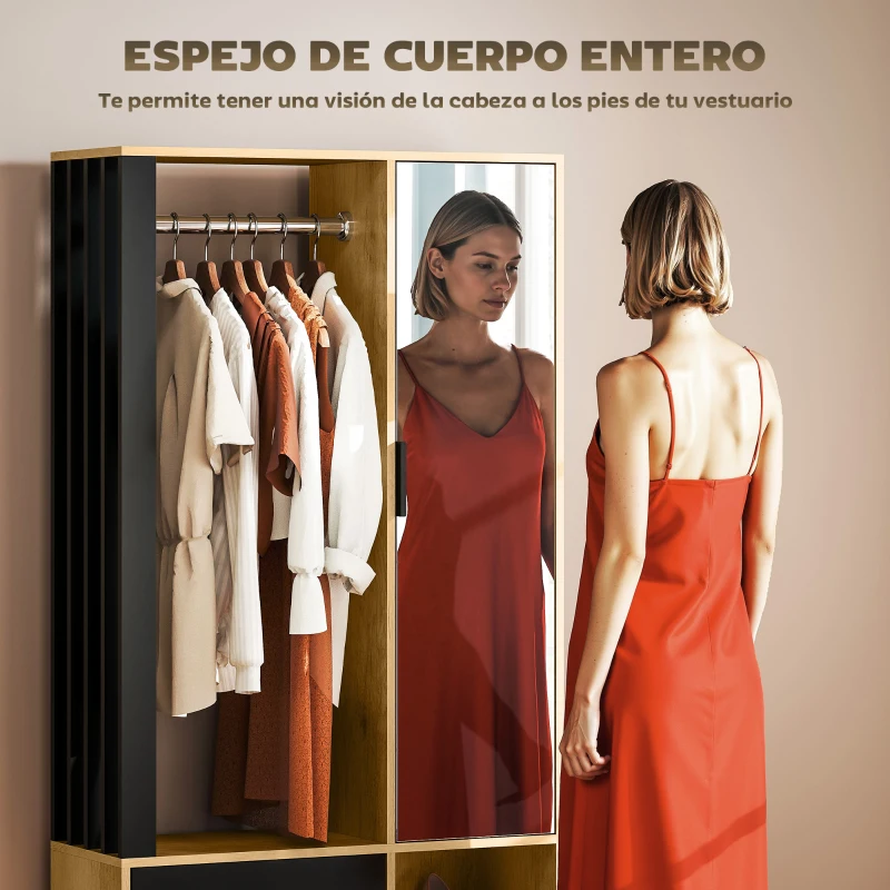 HOMCOM Armario Ropero con Puerta con Espejo Barra para Colgar 2 Compartimentos Abiertos 80x30x170 cm Natural y Negro