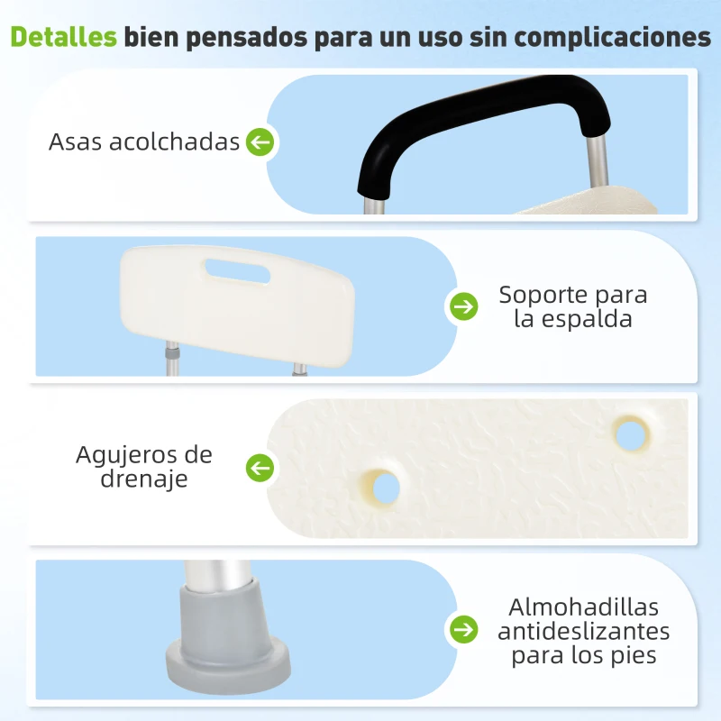HOMCOM Silla de Ducha para Personas Mayores con Respaldo Altura Regulable Antideslizante y Apoyabrazos Carga 136 kg