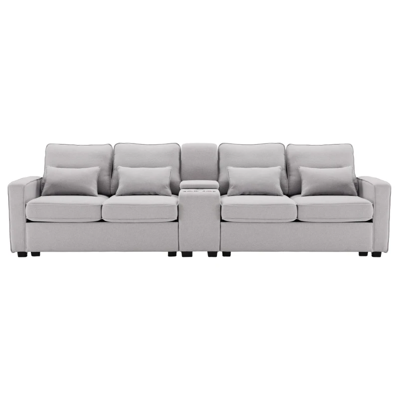 Canapé 4 places moderne en tissu de lin, avec console, 2 porte-gobelets, 2 ports USB, 290x83x88 cm, Gris