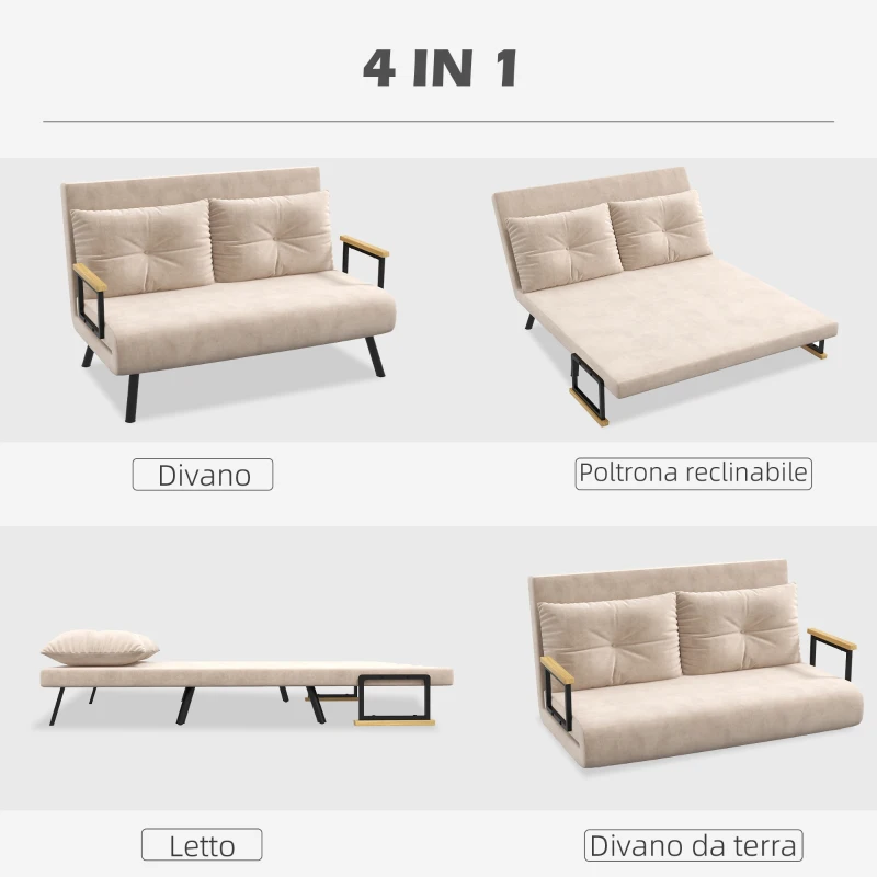 HOMCOM Divano Letto 3 in 1 in Tessuto Effetto Velluto con Schienale Regolabile e 2 Cuscini, 102x73x81 cm, Beige