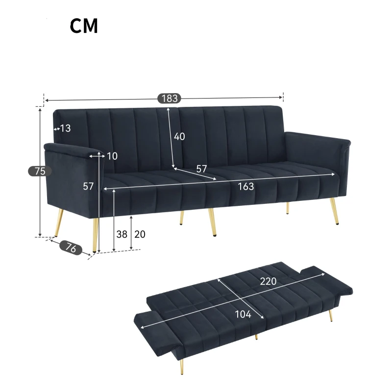 Canapé‑lit pliable moderne avec dossier et accoudoirs réglables, 183x76x75 cm, Noir