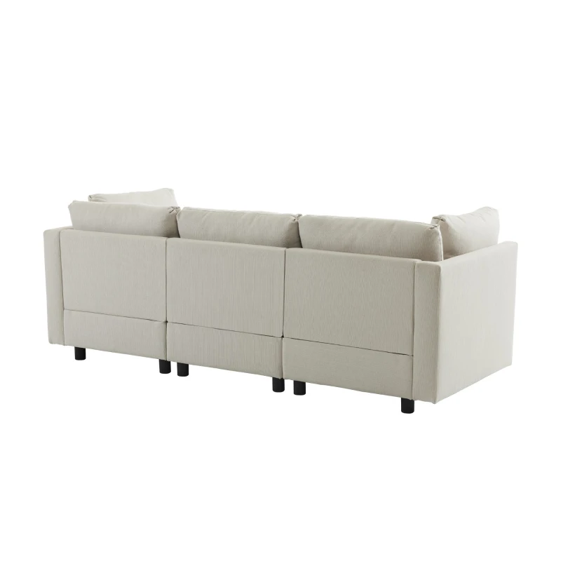Canapé d'angle moderne en L avec pouf, canapé 3 places en lin, dossier haut et coussins, 220x83x81 cm, Beige