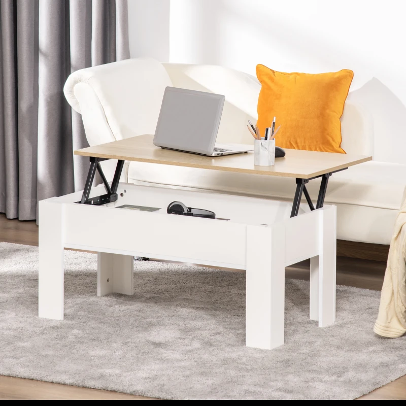 HOMCOM Table basse relevable, table de salon avec compartiment caché, style moderne, pour salon, bureau, 100x50x45cm, blanc